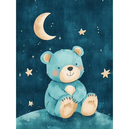 Cute Blue Bear Moon and Stars Canvas Print/Wall Art， Perfect for Bedroom， Nursery， Living Room， Kids Room， and Playroom Decoration.