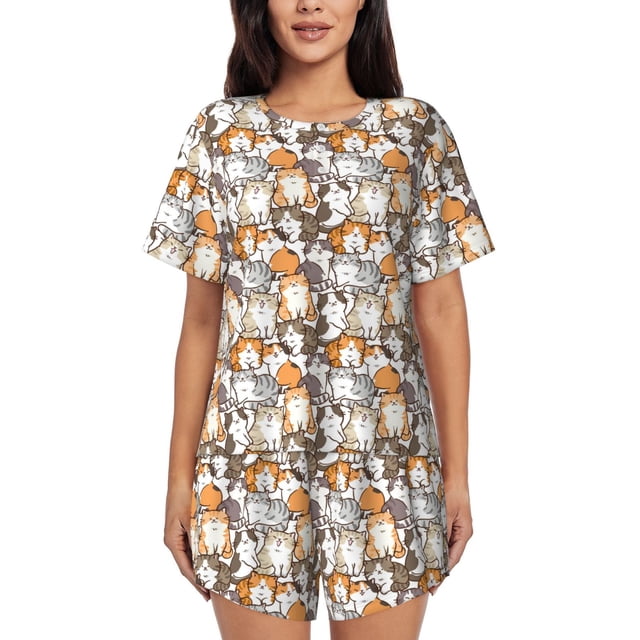 Fotbe Cartoon Cat 1 Conjunto de Pijama Estampado para Mujer, 2 Piezas, Ropa de Dormir con Camiseta de Manga Corta y Shorts Suaves-Large