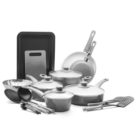 GreenLife 18-Piece Soft Grip Toxin-Free Healthy Ceramic Non-Stick Cookware Set, Gray, Dishwasher Safe