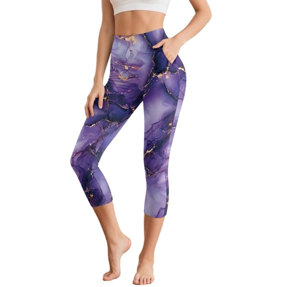 SCRAWLGOD Violet Marble Print Soft Capri Leggings with Pockets for Women High Waist Tummy Control Crop Leggings Slim Breathable 3/4 Stretch Athletic Yoga Lounge Tights, XS