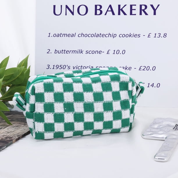 Bolsa de cosméticos de punto con diseño de tablero de ajedrez, bolsa de almacenamiento de lana de colores en contraste, bolsa de lavado, bolsa de archivo portátil de gran capacidad, estuche para