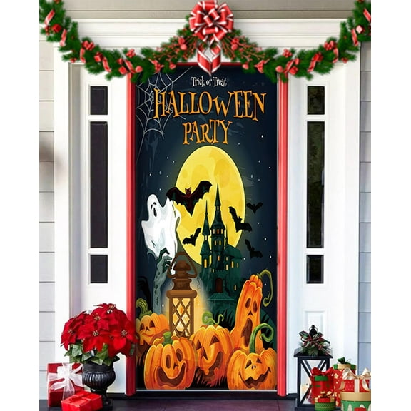 2025 Christmas and Halloween Front Door Decoration, Reusable 35x79 '' Christmas Door Decorations, Quick Install, Festive Santa Fabric Door Cover, Door Cover Porch Sign Banner