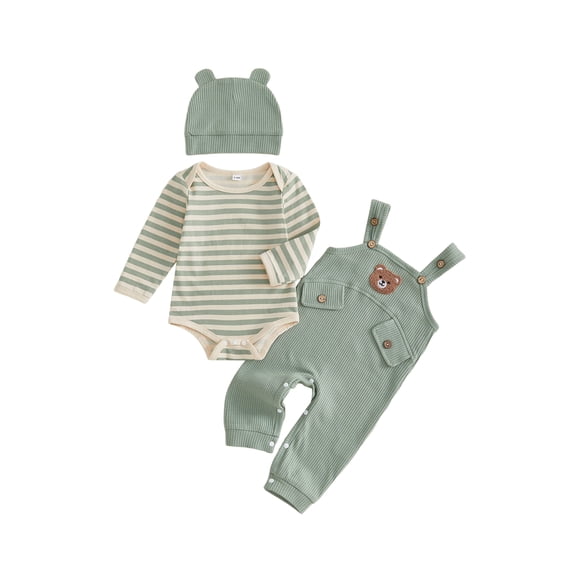 Cjfdfy Newborn Girl Boy Bear Romper Overall Infant 3pcs Outfit Set Long Sleeve Striped Romper Bear Embroidery Overall Suspender Pants Hat Sets Cute Bear Fall Winter Outfits Bodysuit 0-18 Months