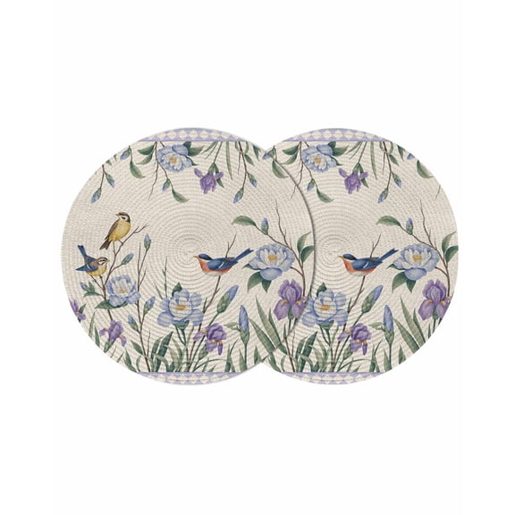 Spring Flowers Round 13 Inch Placemats Set of 2, Vintage Floral Leaves Birds Farmhouse Plaid HeatResistant Non Slip Place Mats for Dining Table, Wipeable Braided Kitchen Table Mats for Housewarming