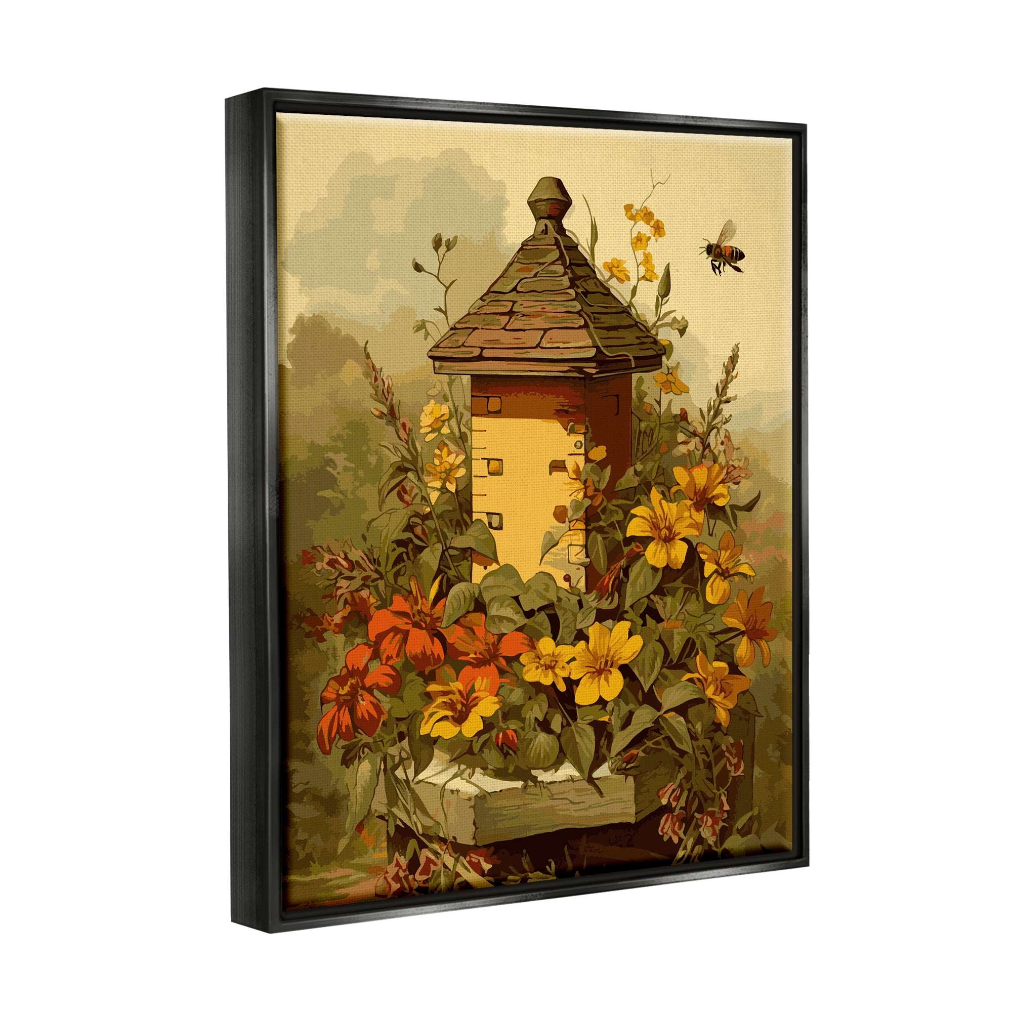 Stupell Industries Bees & Floral Architecture Botanical & Floral Painting Black Floater Framed Canvas Art Print Wall Art, 17 x 21