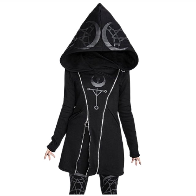 Abrigo para mujer, cárdigan holgado gótico Punk, chaqueta de manga larga con capucha y cremallera negra, abrigo Odeerbi ODB-3
