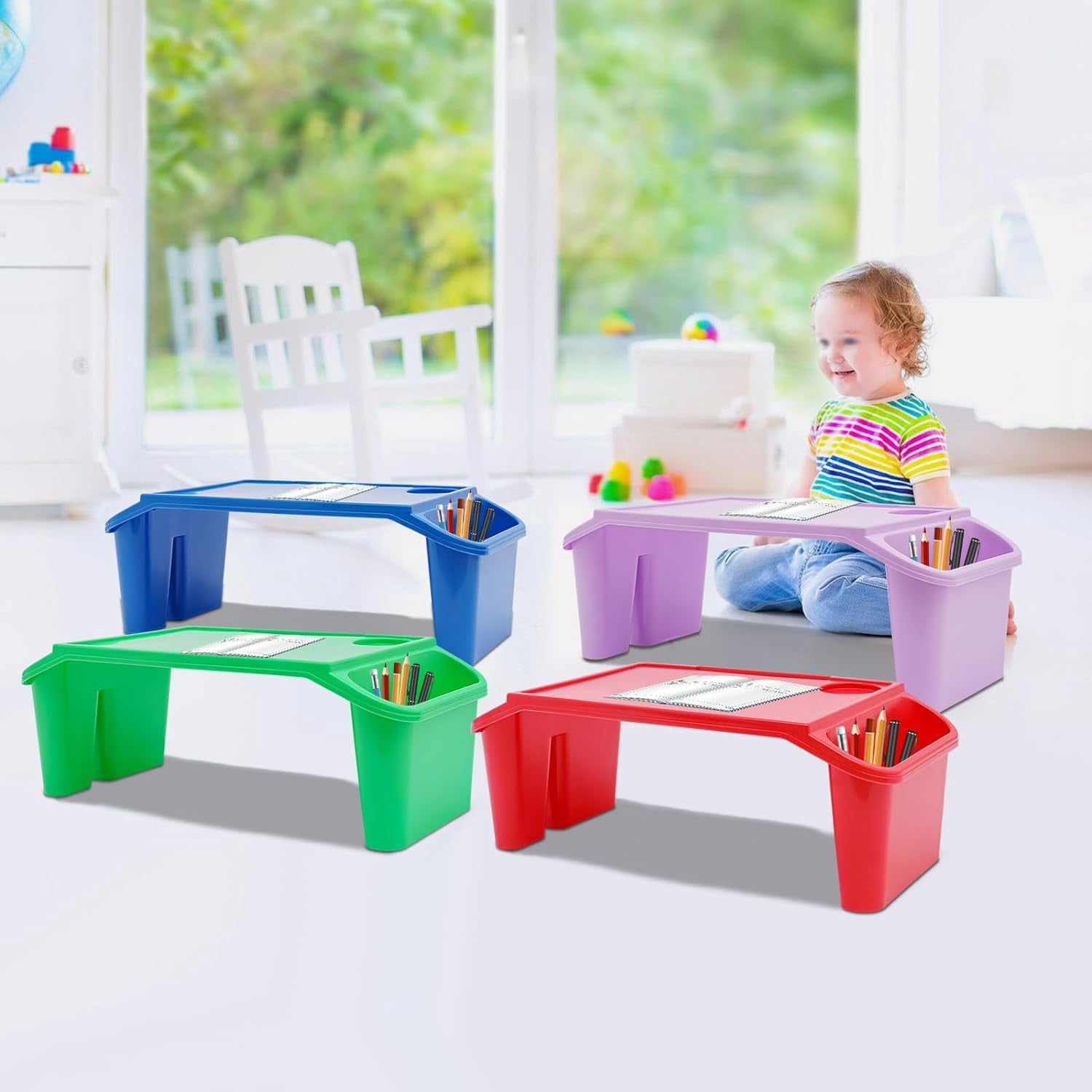 4/6/12pcs Kids Lap Desk Tray Plastic Breakfast Laptop Trays with Storage Portable Activity Table with Side Pockets/Slot Portable Lap Bed Table for Writing Eating Game Snacks
