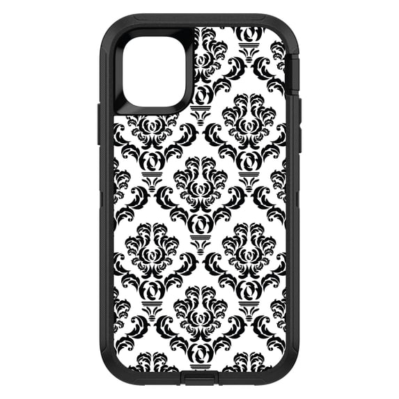 DistinctInk Custom SKIN / DECAL compatible with OtterBox Defender for iPhone 11 (6.1" Screen) - White Black Damask Pattern - Floral Damask Pattern