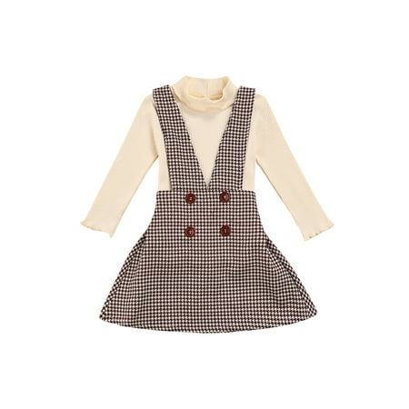 

Baby Girl Fall Winter Clothes Set Solid Turtleneck Ruffles Sweater Tops Plaid Suspender Skirt Overall Dress