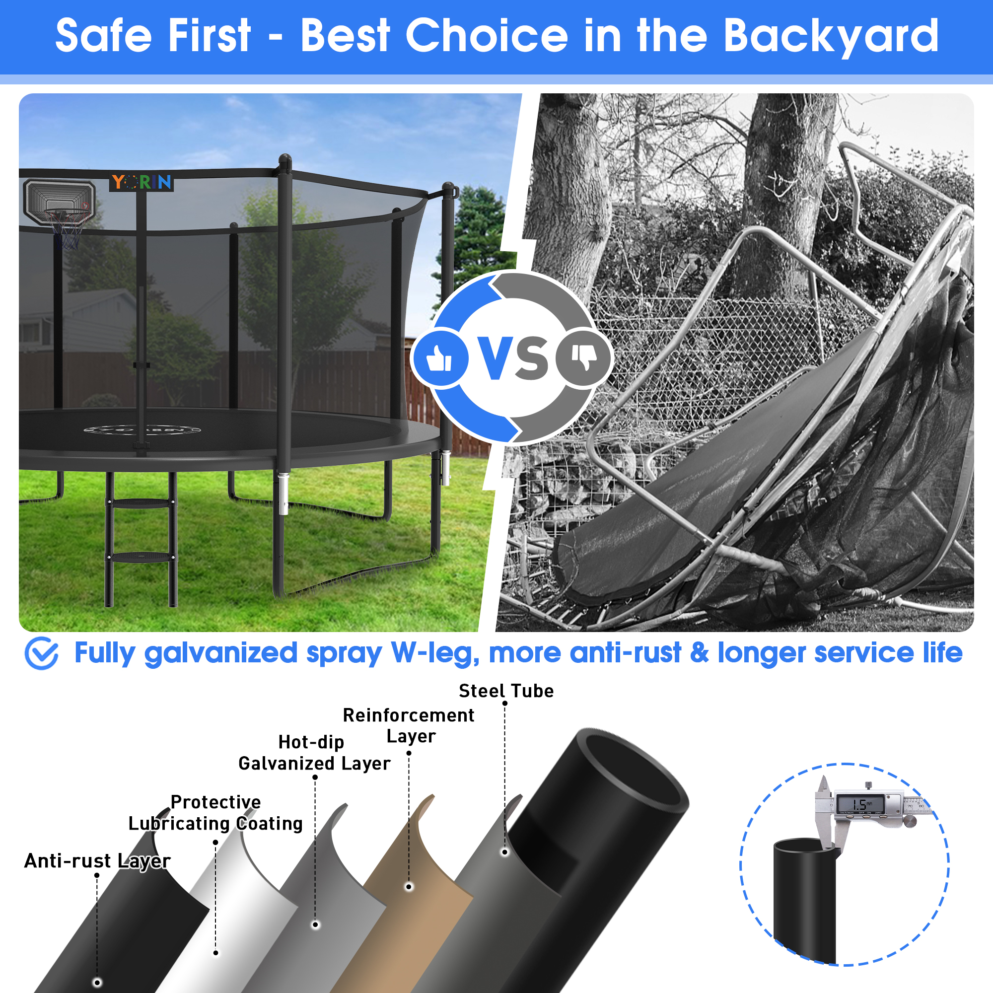 YORIN Trampoline, 12FT Trampoline for 4-5 Kids Adults with Enclosure, 1200LBS Outdoor Trampoline with Basketball Hoop, Sprinkler, Light, Socks, Ladder, Galvanized Anti-Rust Coating Trampoline