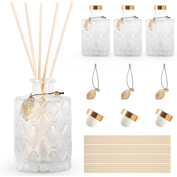 Glass Reed Diffusers Bottles for Diffuser Bottles with 20PCS Reed Diffuser Sticks Vintage Embossed Apothecary Style Flower Bud Vases with Cork Lids Set of 3