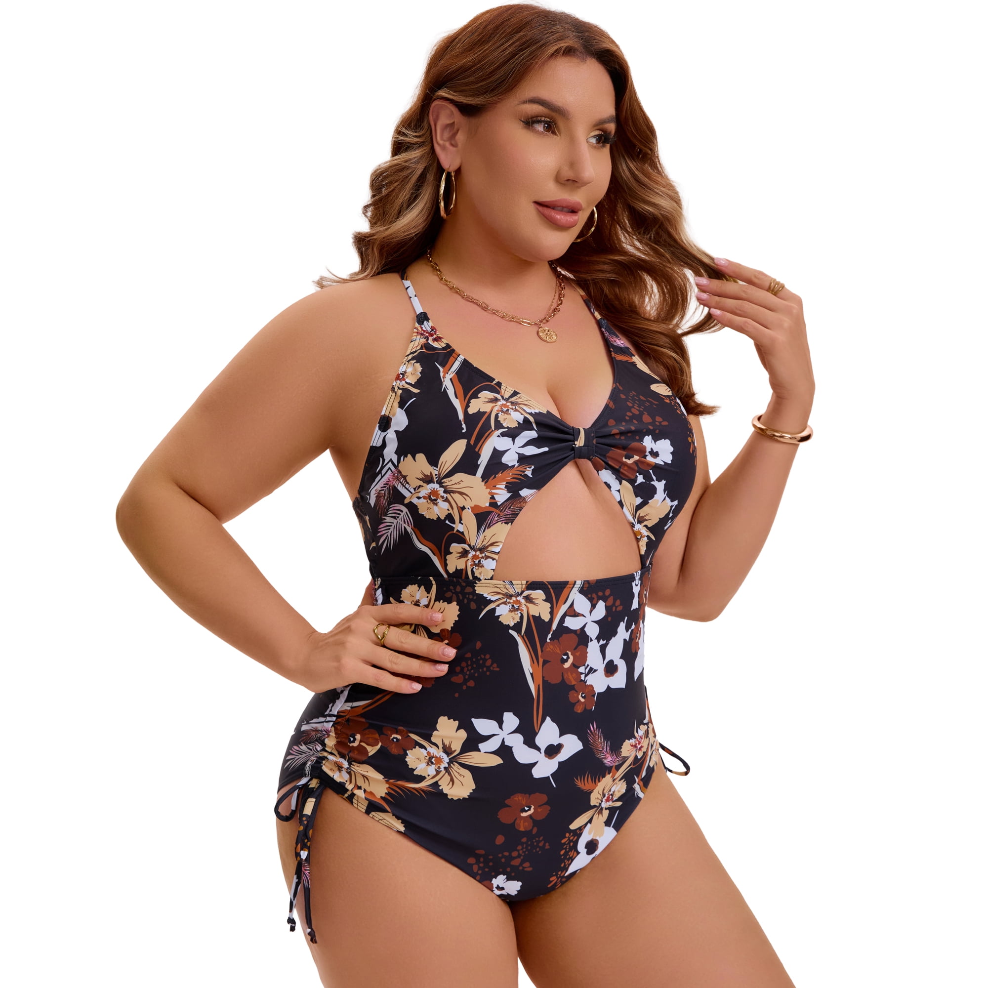 DARING DIVA Women's Plus Swimsuit Tummy Control Cutout Monokini 2X Yellow Brown Floral