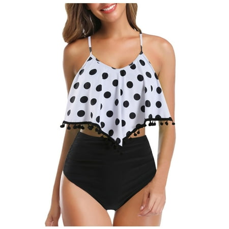 Womens Swimsuits Two Piece High Waisted Print Bikini Set Ruffle Flounce Trim Silver Womens Bathing Suits XL