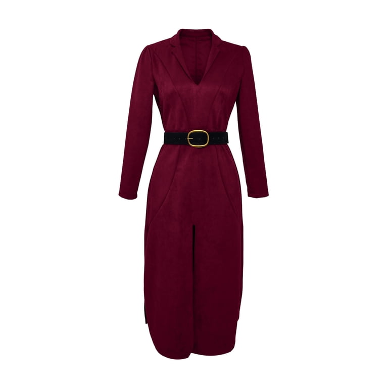 suede formal dresses Pbfrdsj Womens Long Sleeve V Neck Office Business Dress with Belt for Cocktail Party, Women's, Size: Medium, Red collection:getaway-dresses