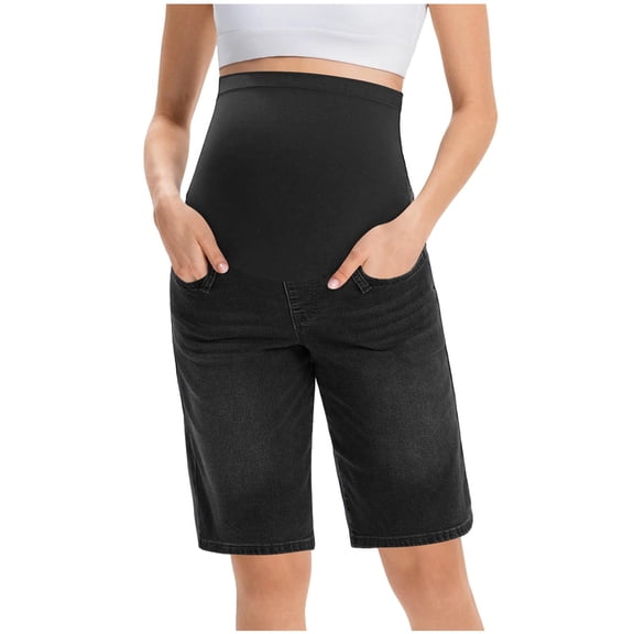 Floleo Women Full Over Belly Support Stretch Denim Maternity Bermuda Shorts Functional Pocket Knee Length Pregnancy Jean Shorts for Summer Daily Outfits(Black,XL)