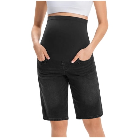 qelini Maternity Jean Shorts Plus Size for Women Side Insert Pockets Cuffed Hem Pregnancy Bottoms Daily Maternity Bottoms