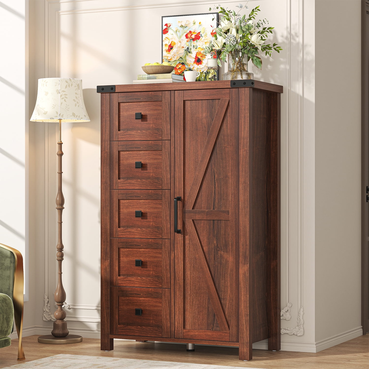 VVFLU Farmhouse 5 Drawer Dresser Storage Cabinet Chest of Drawer for Bedroom, 48" Tall Brown Wood