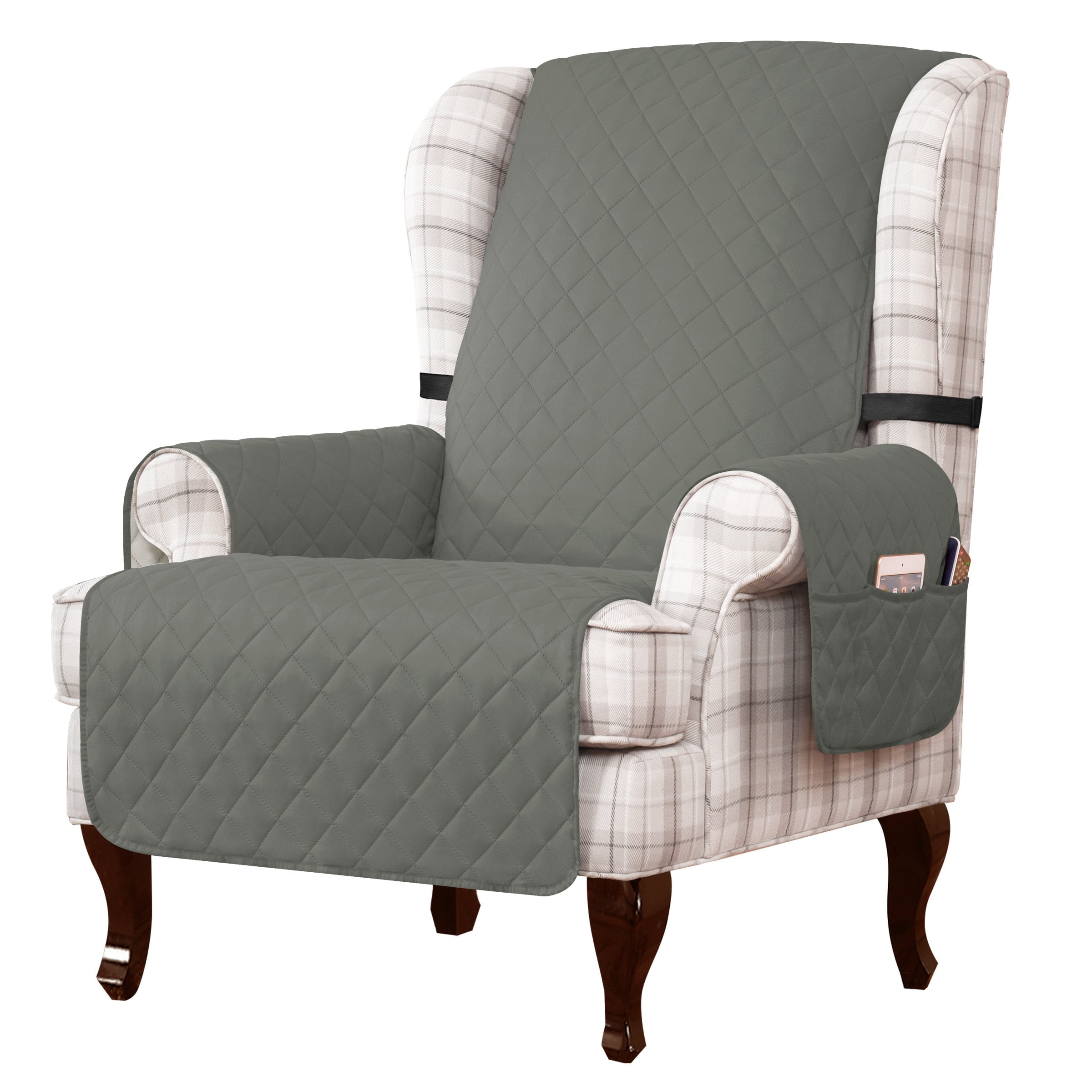 Reversible Quilted Chair Cover with Plaid Patchwork Pattern 