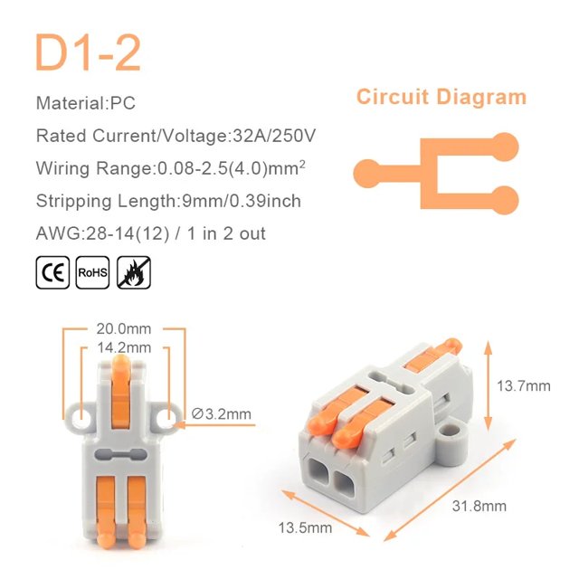Mini conector de Conductor de cable rápido, bloque de terminales de empalme de 2/3 pines, compacto, Universal, 1 entrada, salida múltiple con orificio de fijación
