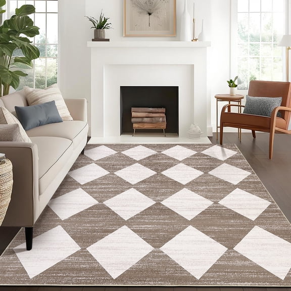 Hasoo Washable Indoor Rugs 5x7 Geometric Rugs for Living Room Modern Trellis Carpet for Bedroom, White Brown
