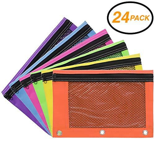 24PK Zippered Pencil Pouches w/ 3Ring Grommet Holes & Quick View Mesh