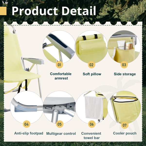 Alvantor Folding Beach Chair with 5 Position Recline Aluminum Frame Cup Holder Storage Pouch Yellow