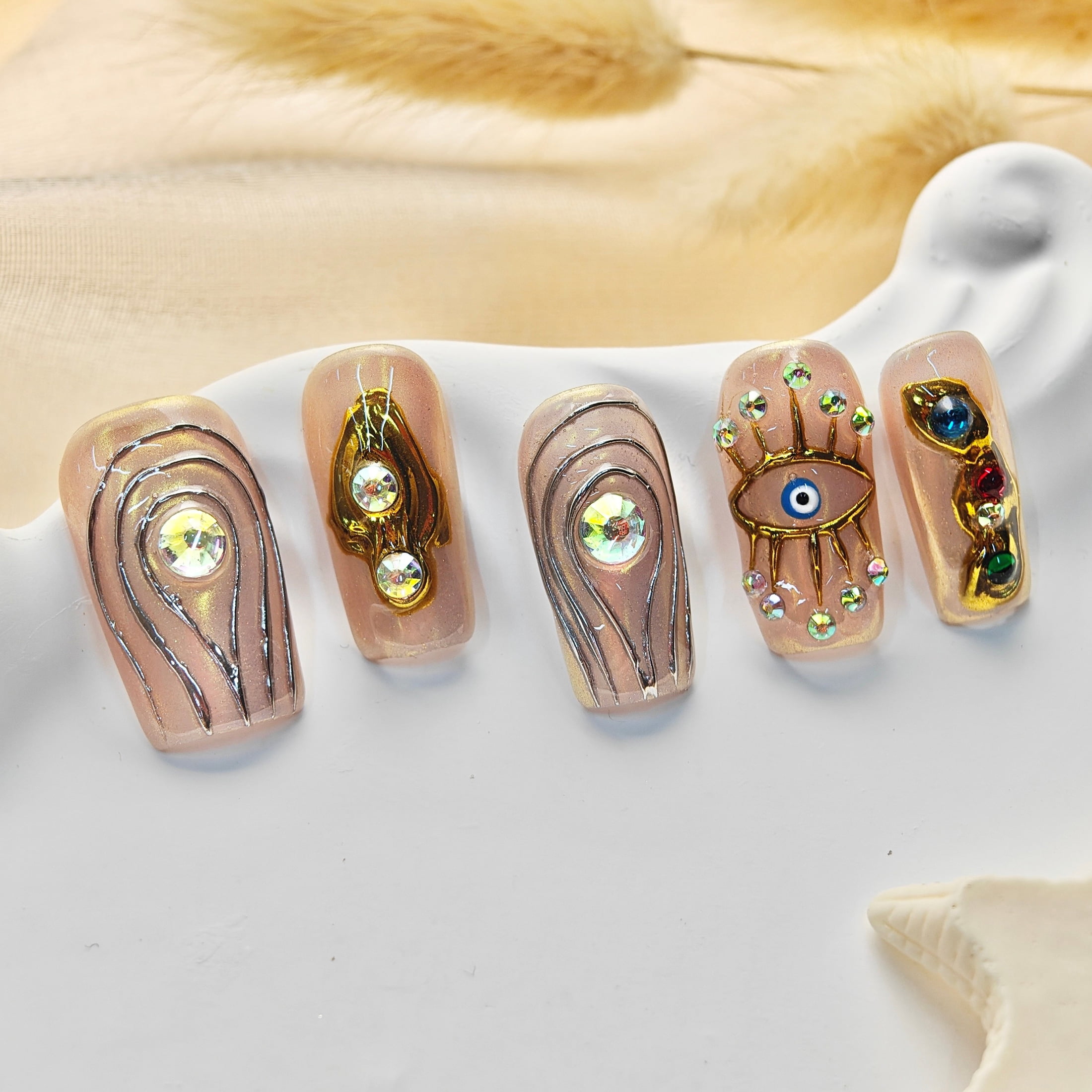 10pcs Stiletto Medium Handmade Y2K Nails - Pink & Nude Base, Hand Drawn Gold Eye & Line Patterns, 3D Rhinestone & Colorful Gems, Summer & Party Nails for Women
