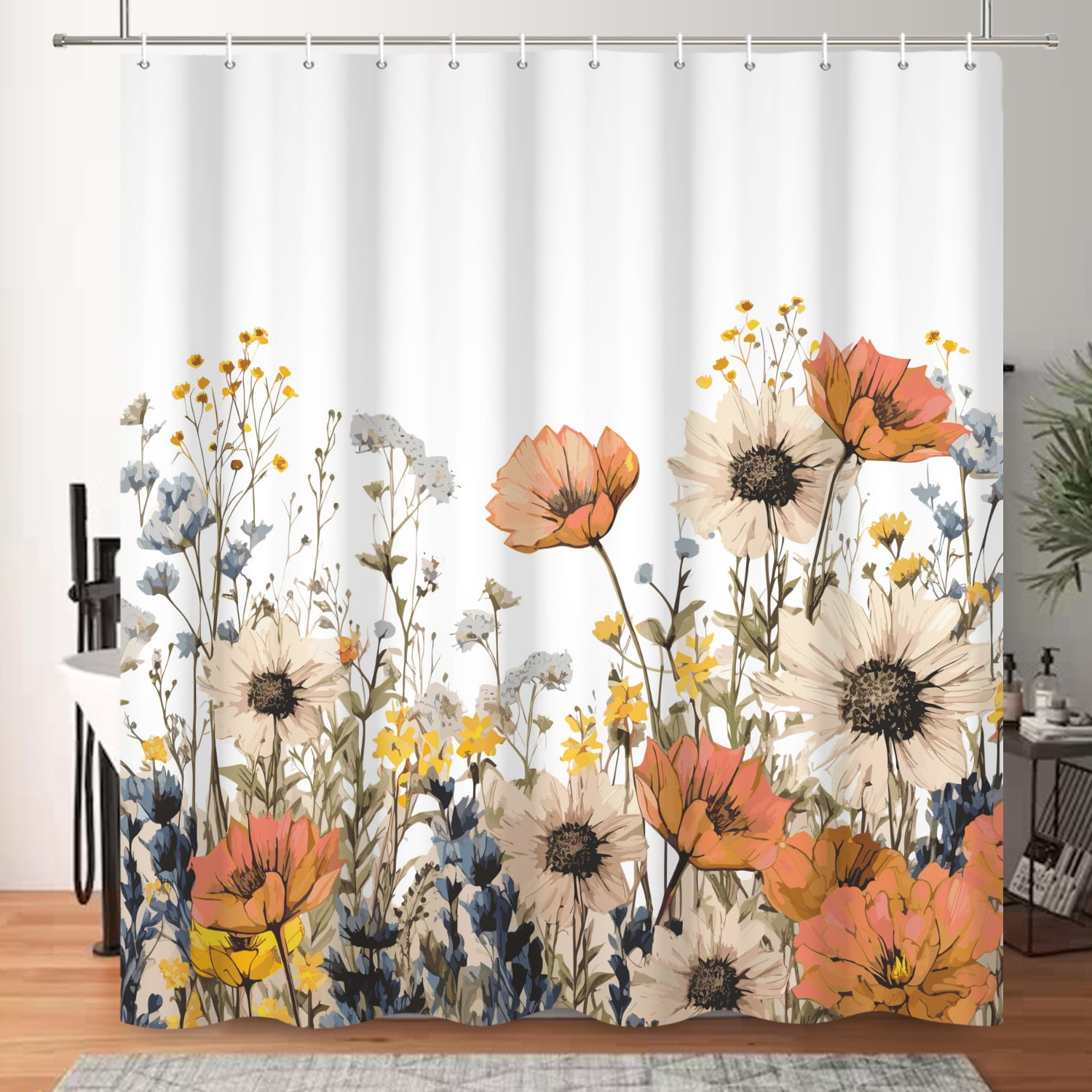 SUNOLIFE Spring Floral Shower Curtain,Orange Flowers Waterproof Polyster Bathroom Curtain,72x72 in