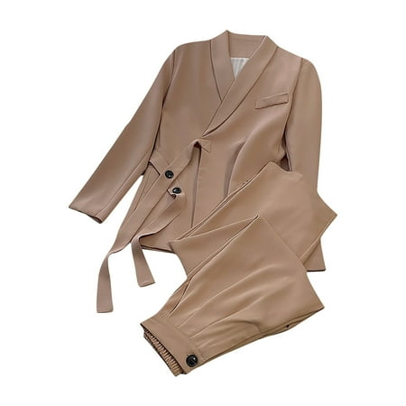 Xdegoge Womens 2 Piece formal Outfits Long Sleeve Lapel V-Neck Cozy Blazer Jacket with Button Belt Elastic Waist Pleated Dress Pants Wide Leg Trousers 2025 Business Casual Sets Ladies Officewear