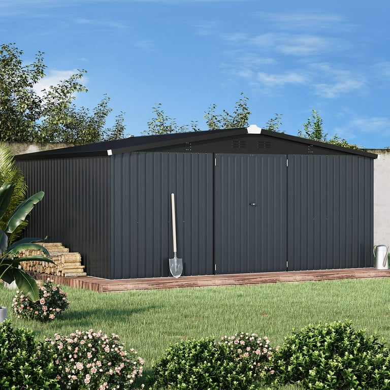AECOJOY 14' x 12' Outdoor Metal Storage Shed, Lockable Door, Dark