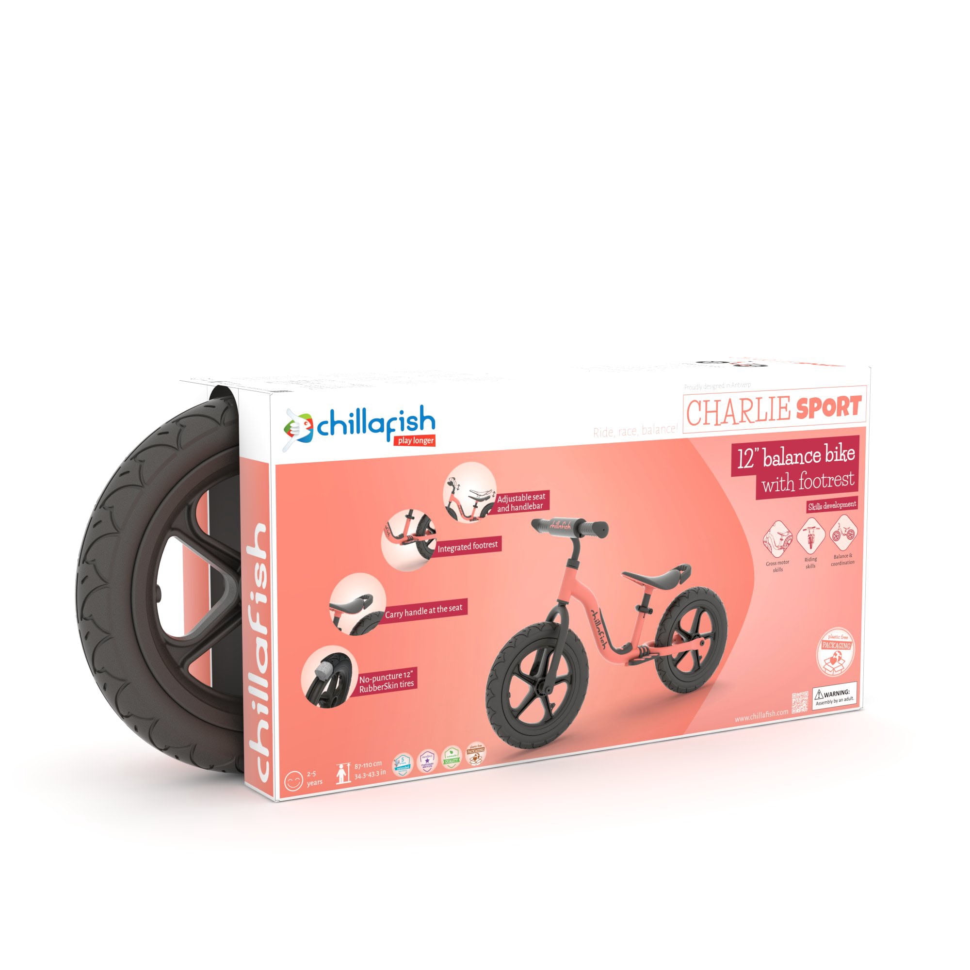 Chillafish Flamingo Charlie Sport Lightweight Toddler Balance Bike with Carry Handle, Integrated Footrest, Handlebar Foam, Adjustable Seat and Handlebar, Puncture-Proof 12" RS Tires, Kids 2-5 Years