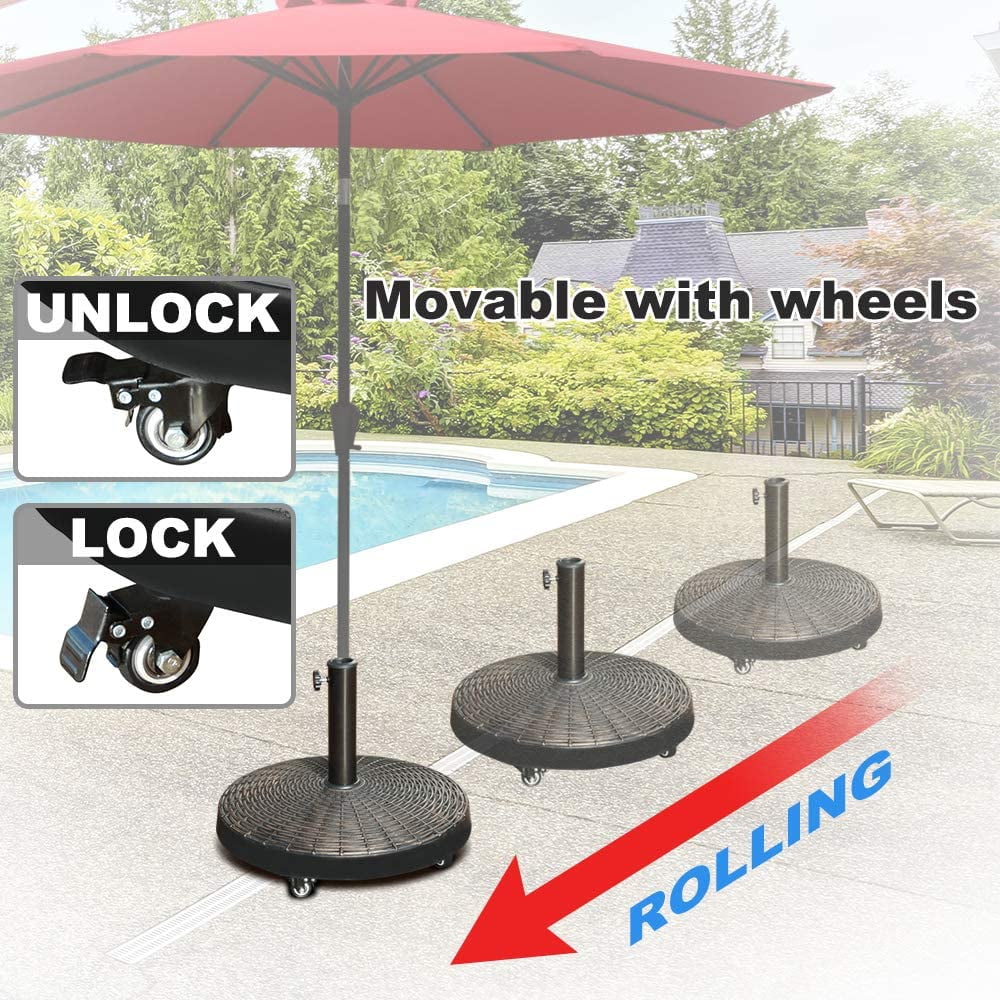 COBANA Patio Umbrella Base with Wheels, Heavy-duty Round Resin Umbrella Stand Weights, 52lbs, Bronze