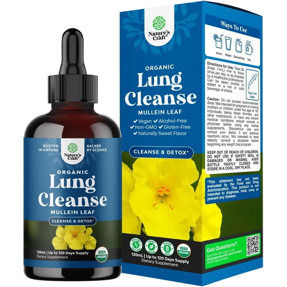 Natures Craft Organic Mullein Drops for Lungs, Herbal Lung Cleanse and Detox, 4.06 fl oz