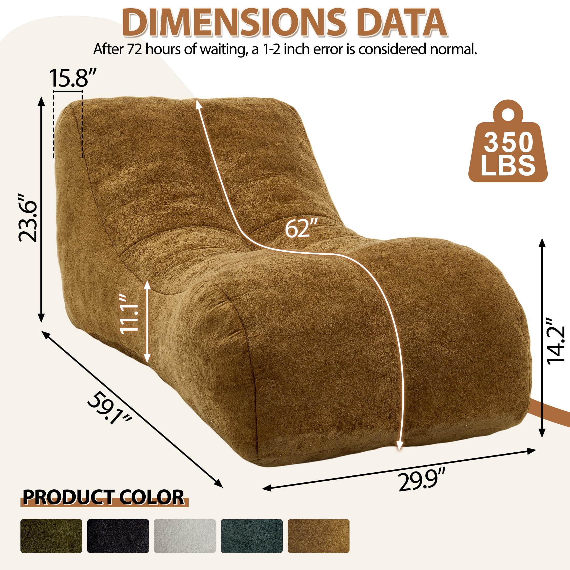 Aukfa Chaise Lounge, Bean Bag Sofa for Stretching, Relaxation, High Density Foam Recliner, Brown