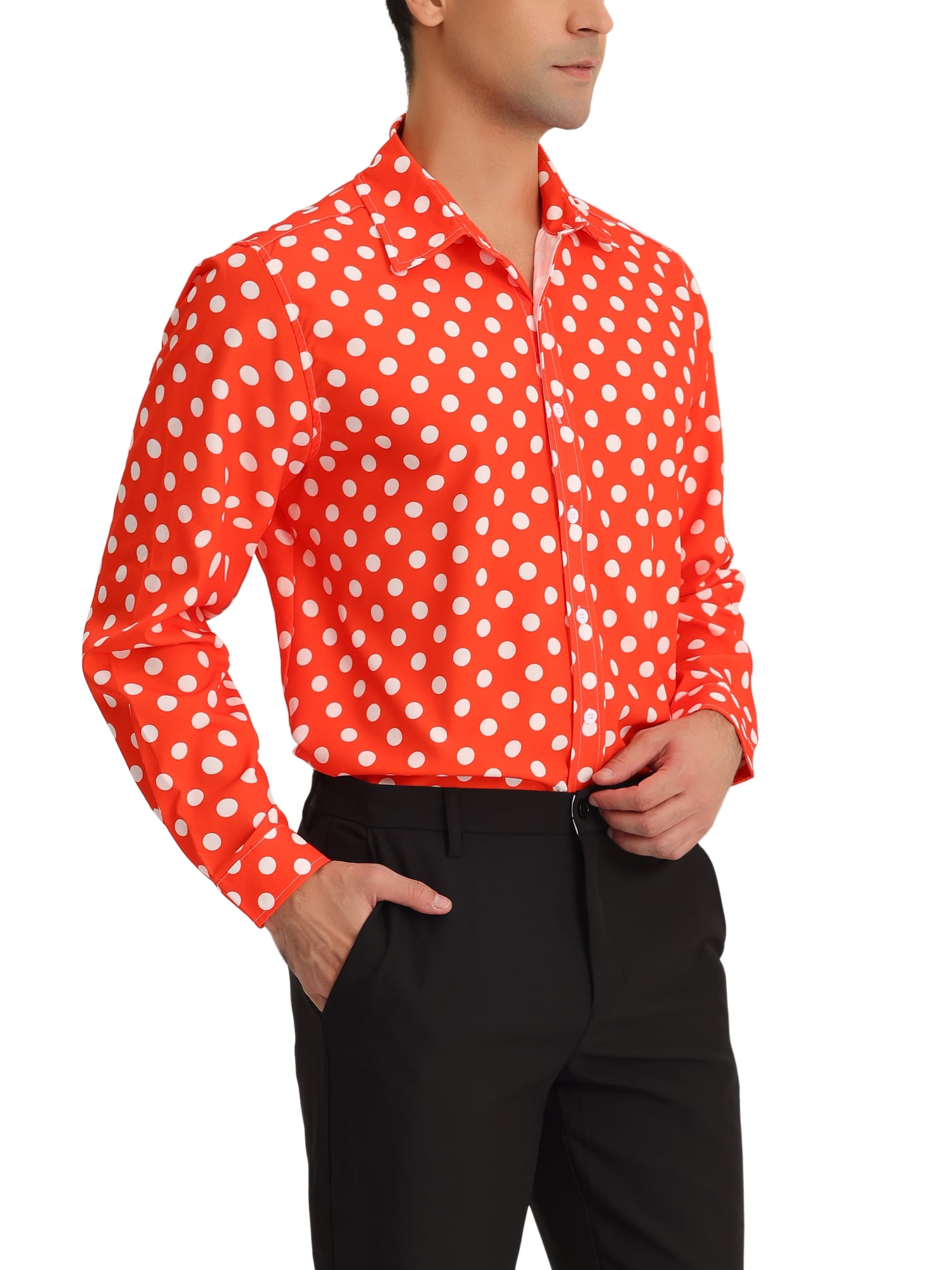 Unique Bargains Men's Polka Dots Print Dress Shirt Long Sleeves Casual Shirts M Red