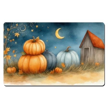 Fall Themed Doormats A painting of three pumpkins in front of a small shed. Kitchen Rubber Mats For Floor 20 x 32 in Home Mats For Front Door