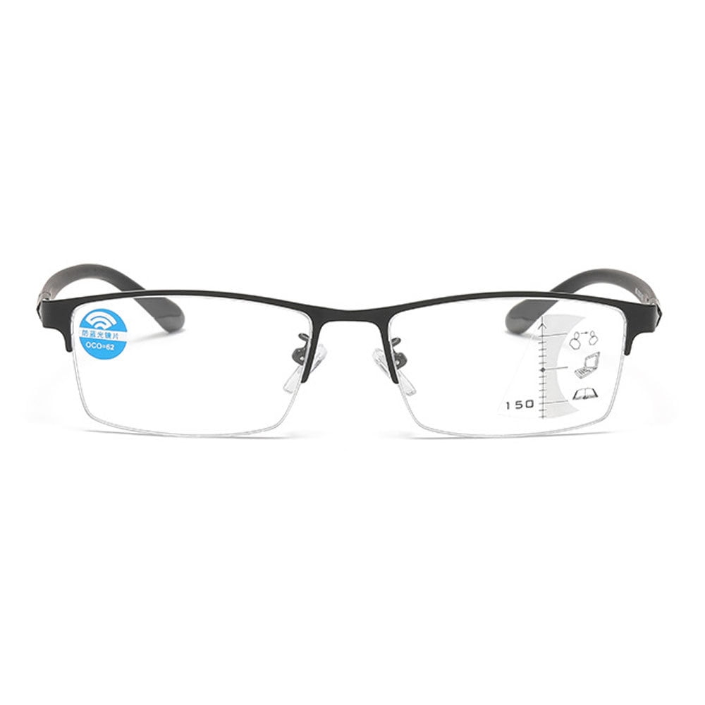 Men Black Frame Progressive Reading Glasses 2.00, Metal Rectangle Half Rimless Business Multifocus Readers +2.00 Strength (Not Photochromic)