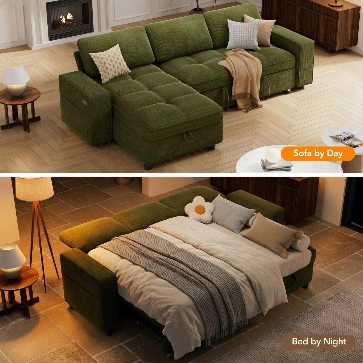 81" Sectional Sleeper Sofa Bed with Pull Out Couch, L-Shaped Chenille Fabric Sofa with USB Ports and Storage Chaise, Emerald Green