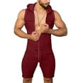 thumbnail image 2 of Men Sleeveless Fitness Short Romper, Solid Color Zip Up Hooded Jumpsuit, 2 of 9
