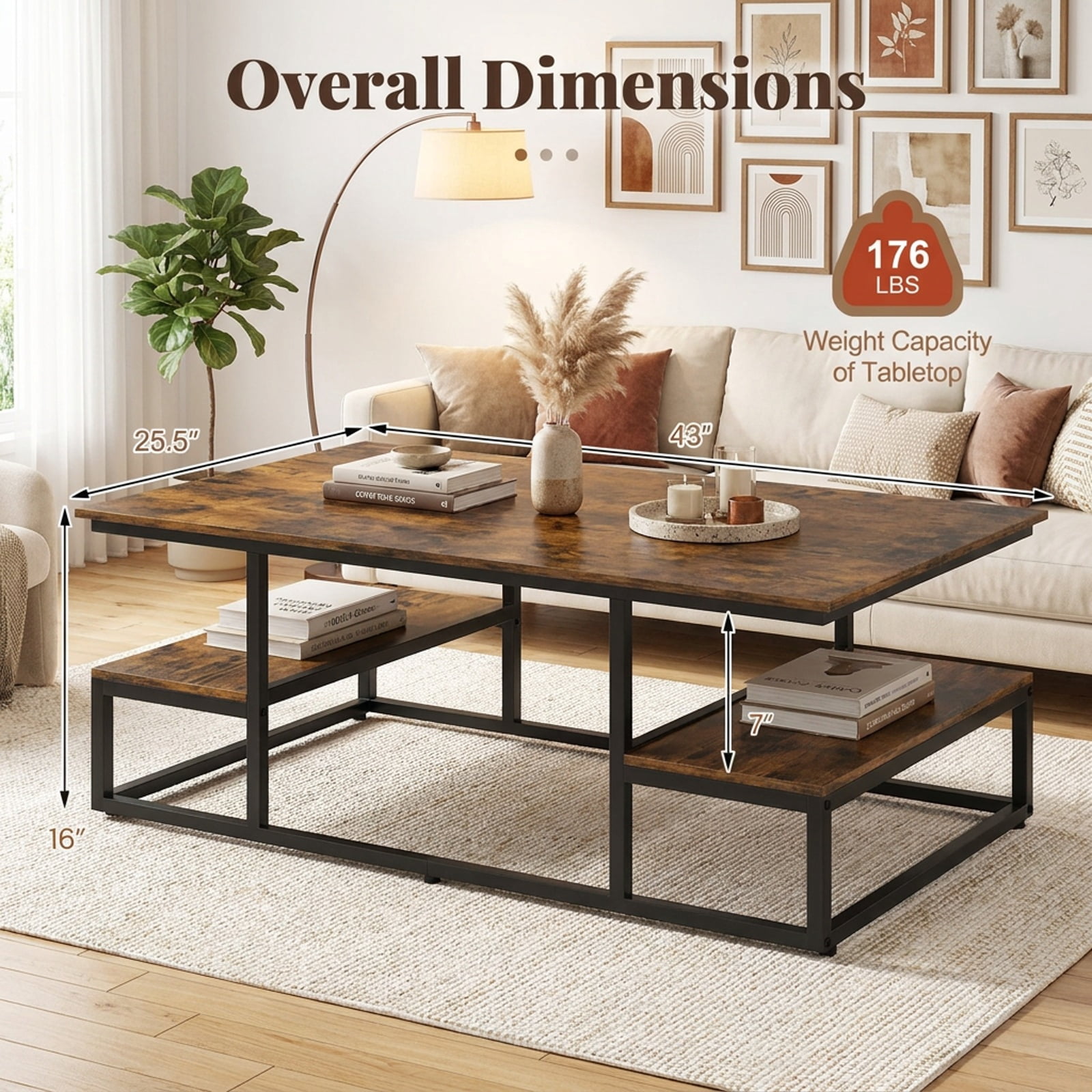 Furnibear 43 Inch Rectangle Coffee Table with Two Open Shelves and Metal Frame a Rustic Wood Living Room Center Table, Rustic Brown