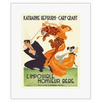 Bringing Up Baby ( L’Impossible Monsieur Bebe) - starring Katharine Hepburn Cary Grant - Vintage French Film Movie Poster by Bernard Lacy c.1938 - Fine Art Rolled Canvas Print 11in x 14in