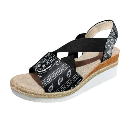

fvwitlyh Womens Thong Wedge Pumps Ladies Fashion Cashew Flower Fabric Elastic Wedge Wedges Pumps for Women Dressy Summer