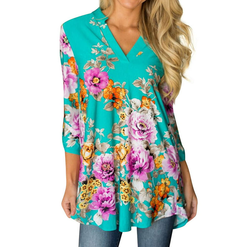 Nlife - Nlife Women Bohemian 3/4 Sleeve V Neck Floral Print Shirt ...