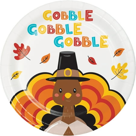 Turkey Gobble Thanksgiving Paper Luncheon Plates 7in, 12ct