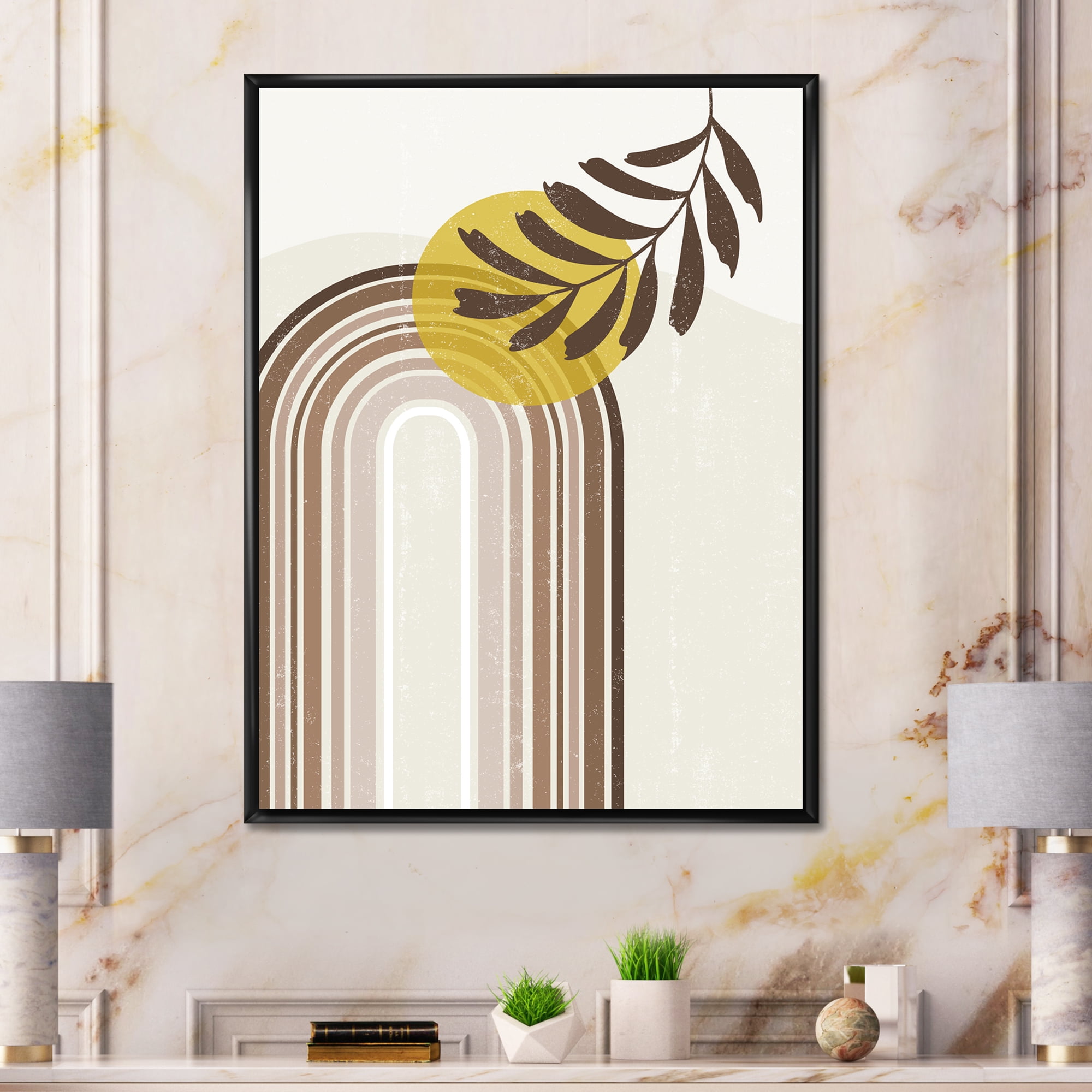 Designart 'Abstract Moon and Sun With Leaf In Earth Tones' Modern Framed Canvas Wall Art Print