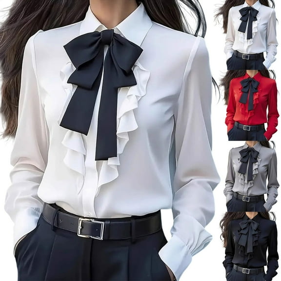 Wlynlyn Womens Blouses Button down Ruffle Bow Tie Neck Work Tops Long Sleeve Lapel Collar Dressy Business Casual Outfits