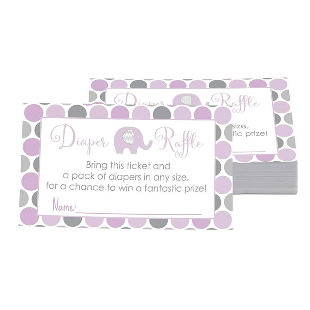 Purple Elephant Diaper Raffle Tickets - 25 Pack - Fun Baby Shower Games for Girls - Diaper Raffle Invitation Insert Cards for Prizes