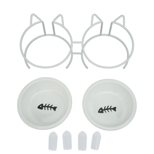 Cuenco doble de cerámica para mascotas Cuencos elevados de cerámica doble para gatos con soporte de metal y tapa para comida y agua