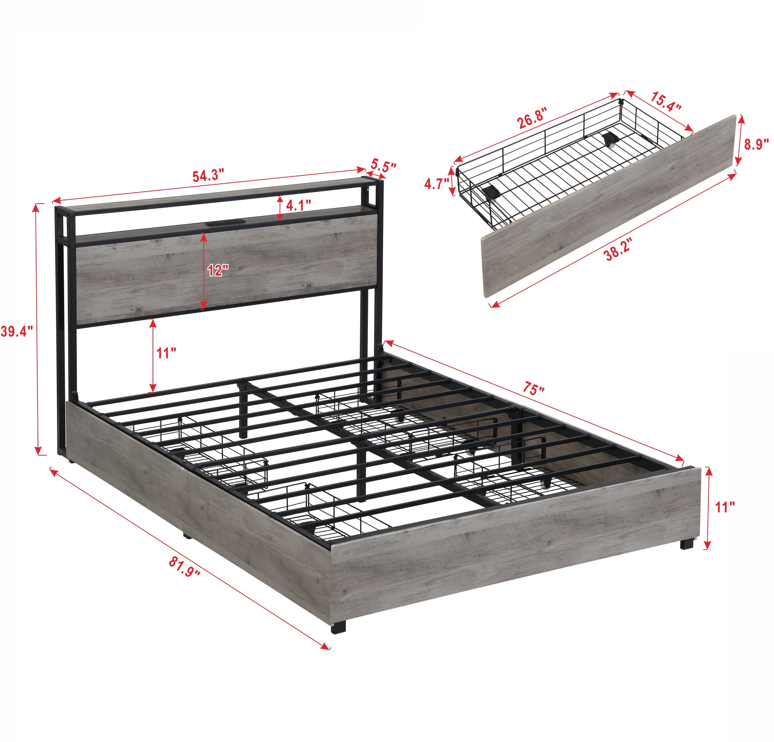 Aukfa Metal Full Size Bed Frame with USB Ports, 16 Color LED Lights, 4 Storage Drawers, Antique Gray