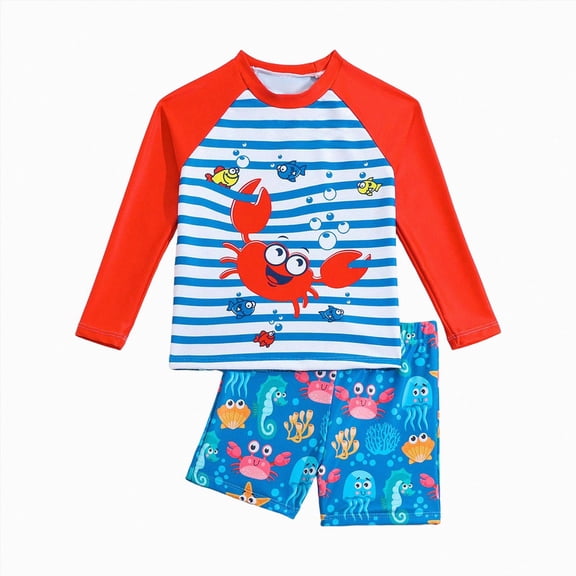 kmaduk Toddler Baby Boys Long Sleeve Rashguard Swimsuit 2 Piece Set Swim Shirt Trunks Bathing Suit (Red, 3-4 Years)